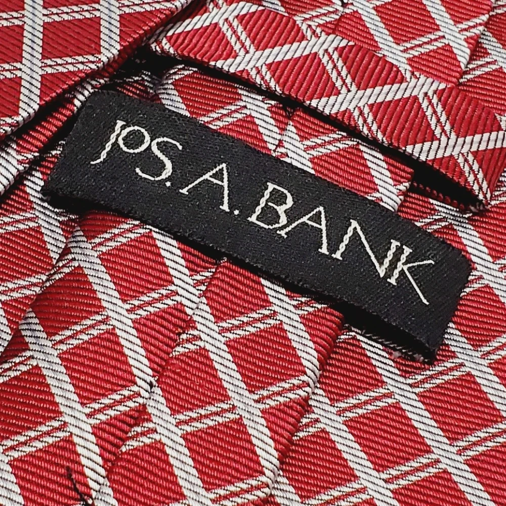 Jos. A. Bank Necktie Red & Silver Geometric Pattern Men's Repp Silk Neck Tie - Picture 3 of 5